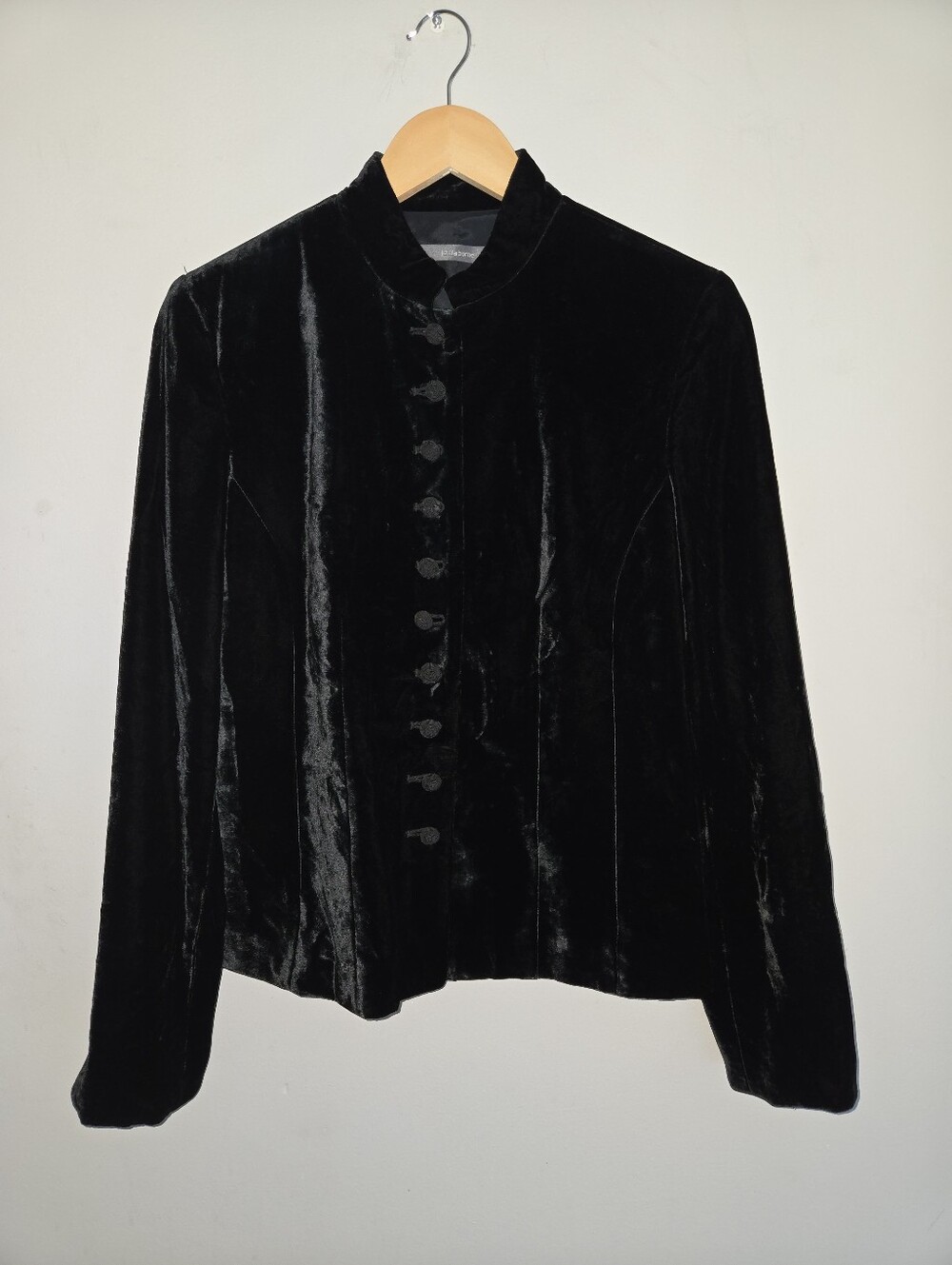Vintage Liz Claiborne Black Silk Velvet Mandarin Collar Blazer Jacket Size 6 90s